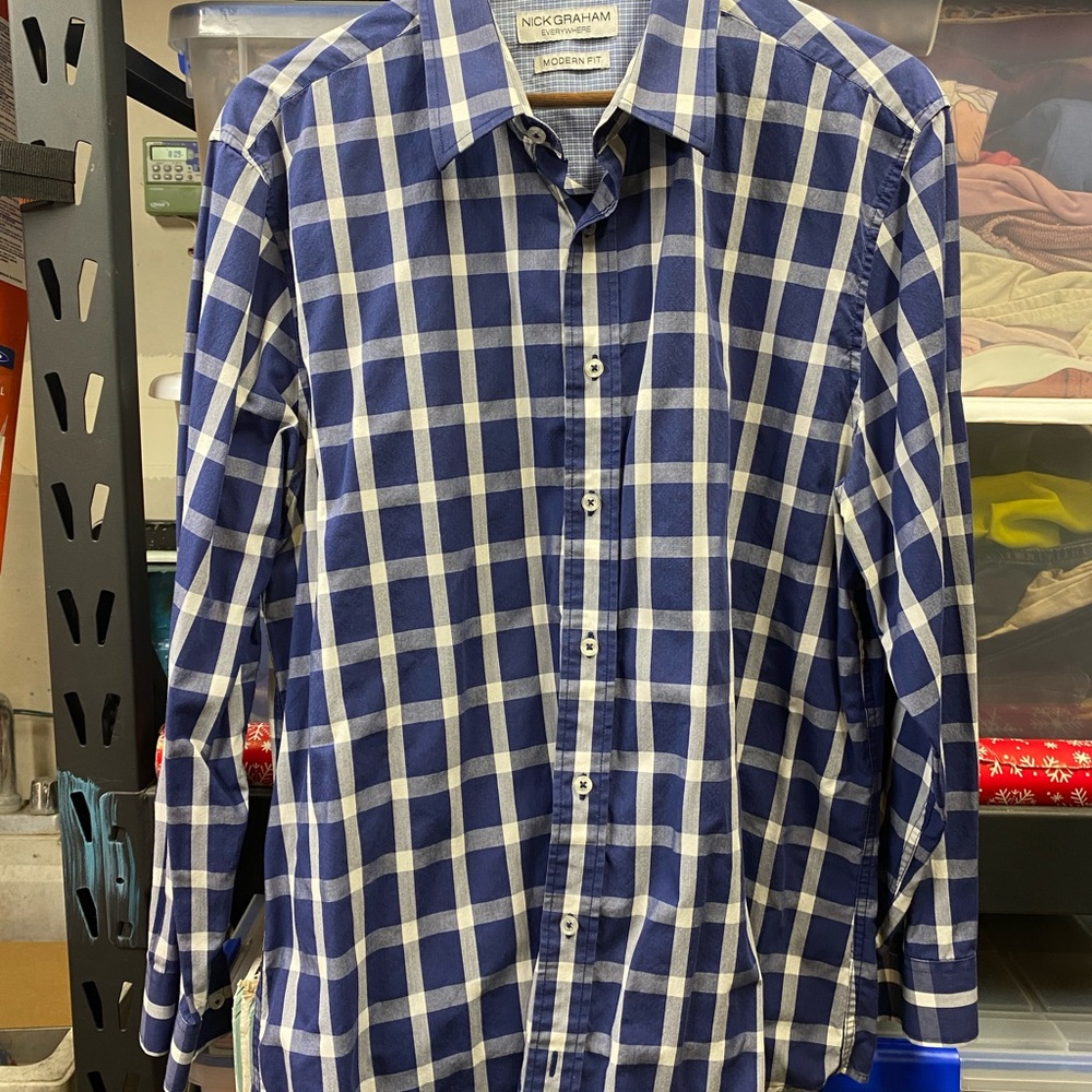 Men's Blue and White Check Modern Fit Shirt size large